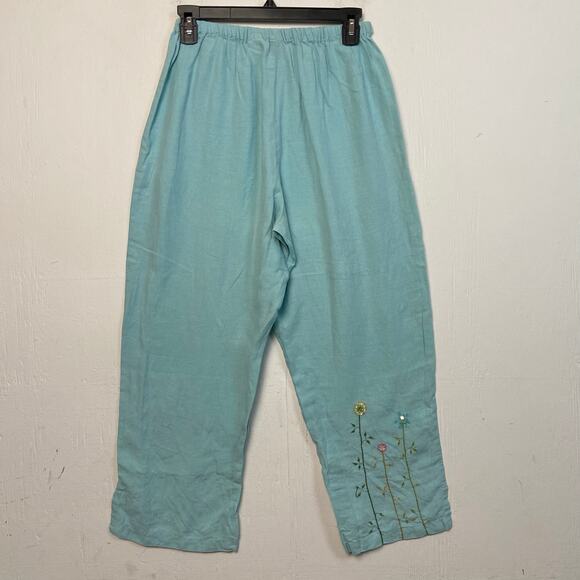 LA Blend 100% Linen Light Blue Embroidered Beaded Top Pants Set Size Medium - Picture 13 of 16